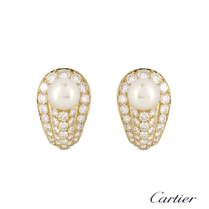 Cartier 18k Yellow Gold Pearl And Diamond Earrings 4 50ct Rich Diamonds